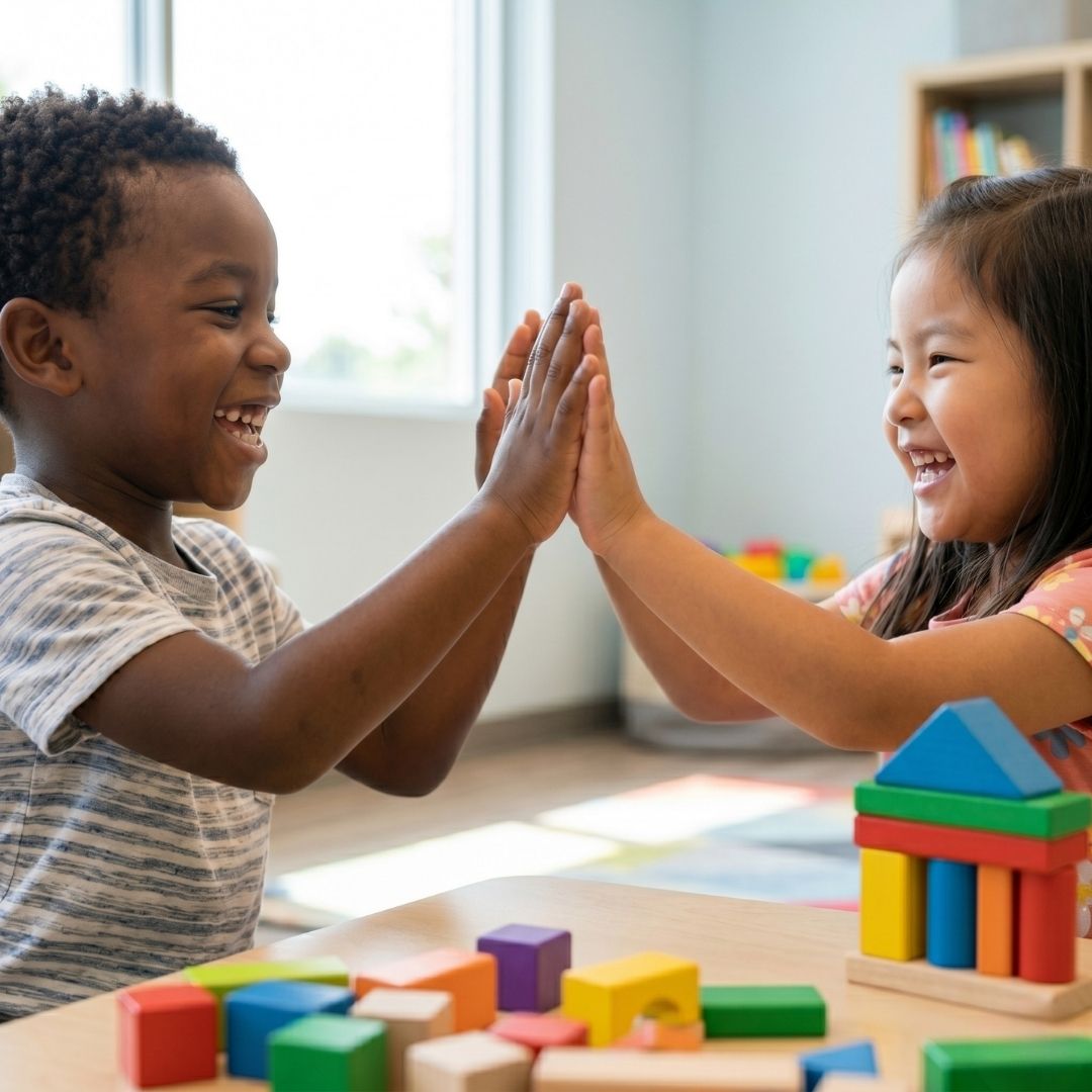 A close up of a successful high five between two children celebrating a win in a therapy group.