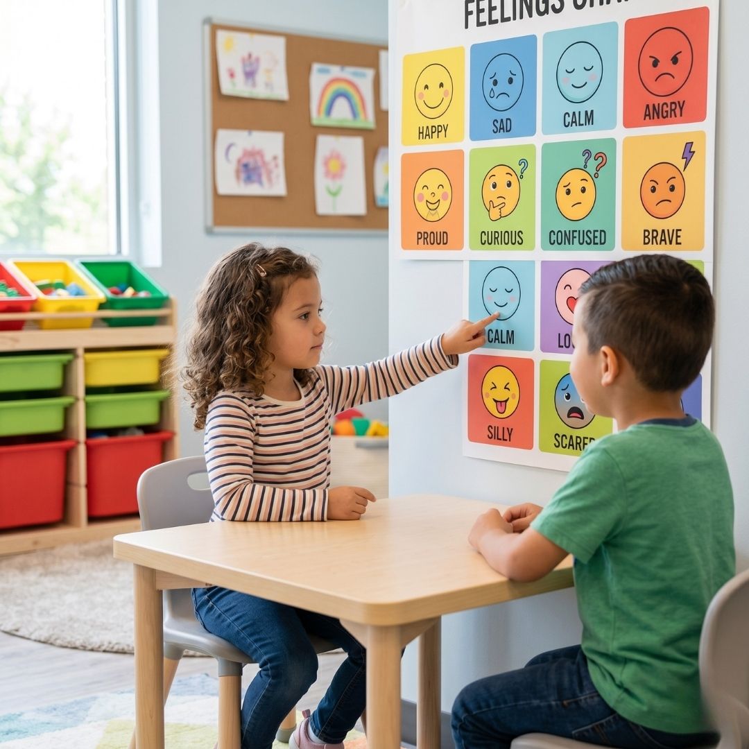 A child using an emotional regulation chart to communicate their feelings during a social group activity.