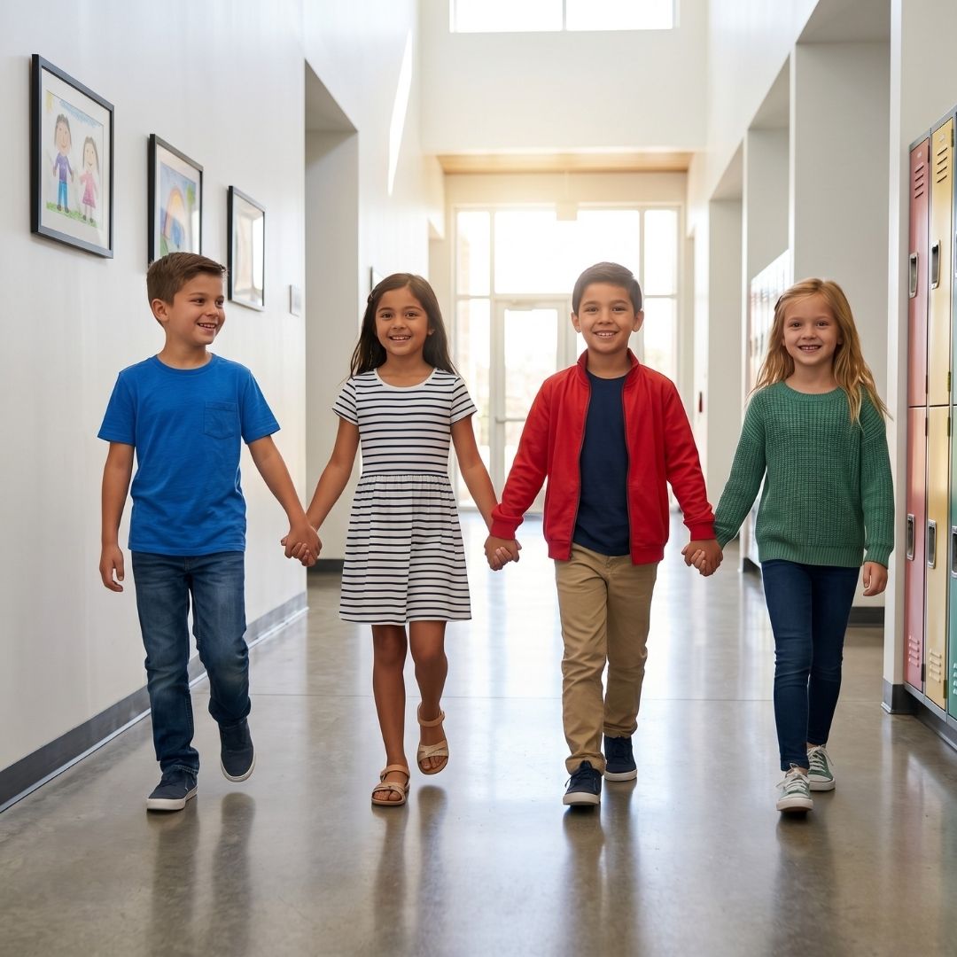 A group of children walking together and practicing social cues in a bright, supportive environment.