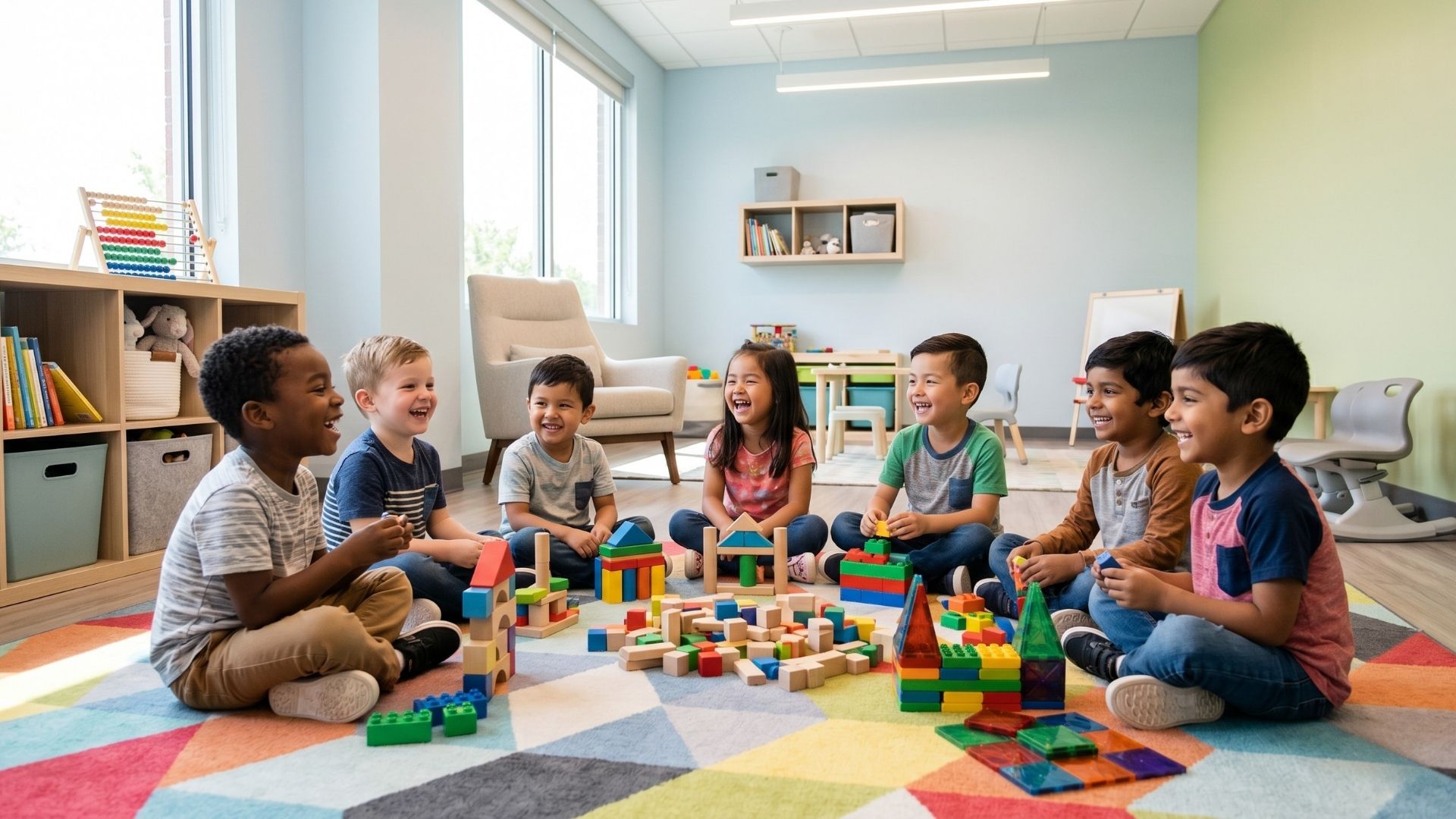 A diverse group of children playing together with blocks on a colorful rug in a bright therapy room.