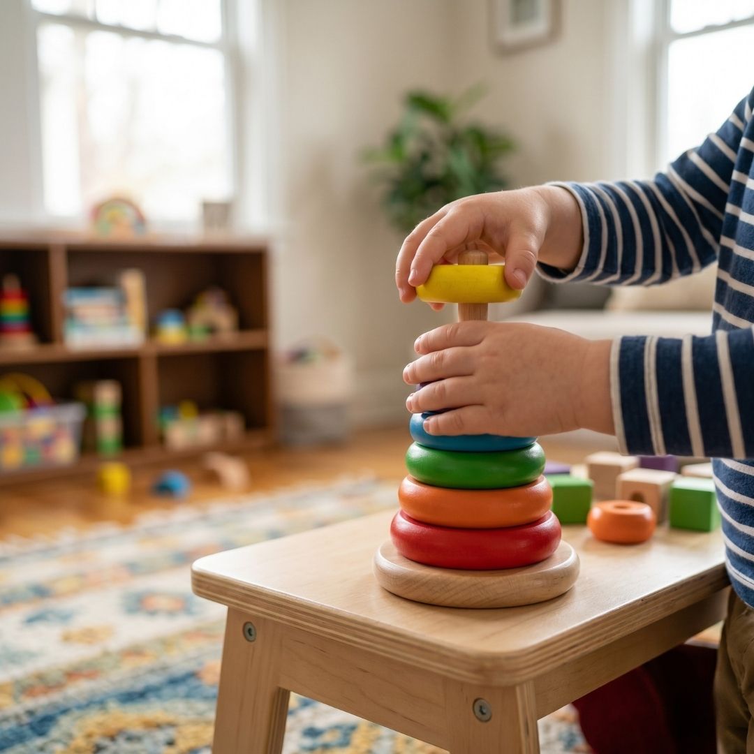 A child successfully completing a developmental milestone task using colorful educational toys.