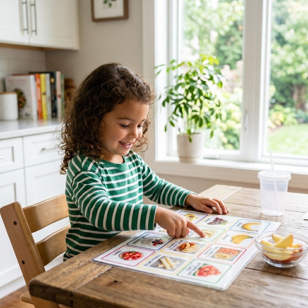 A young child demonstrating improved communication skills during a naturalistic ABA therapy session at home.