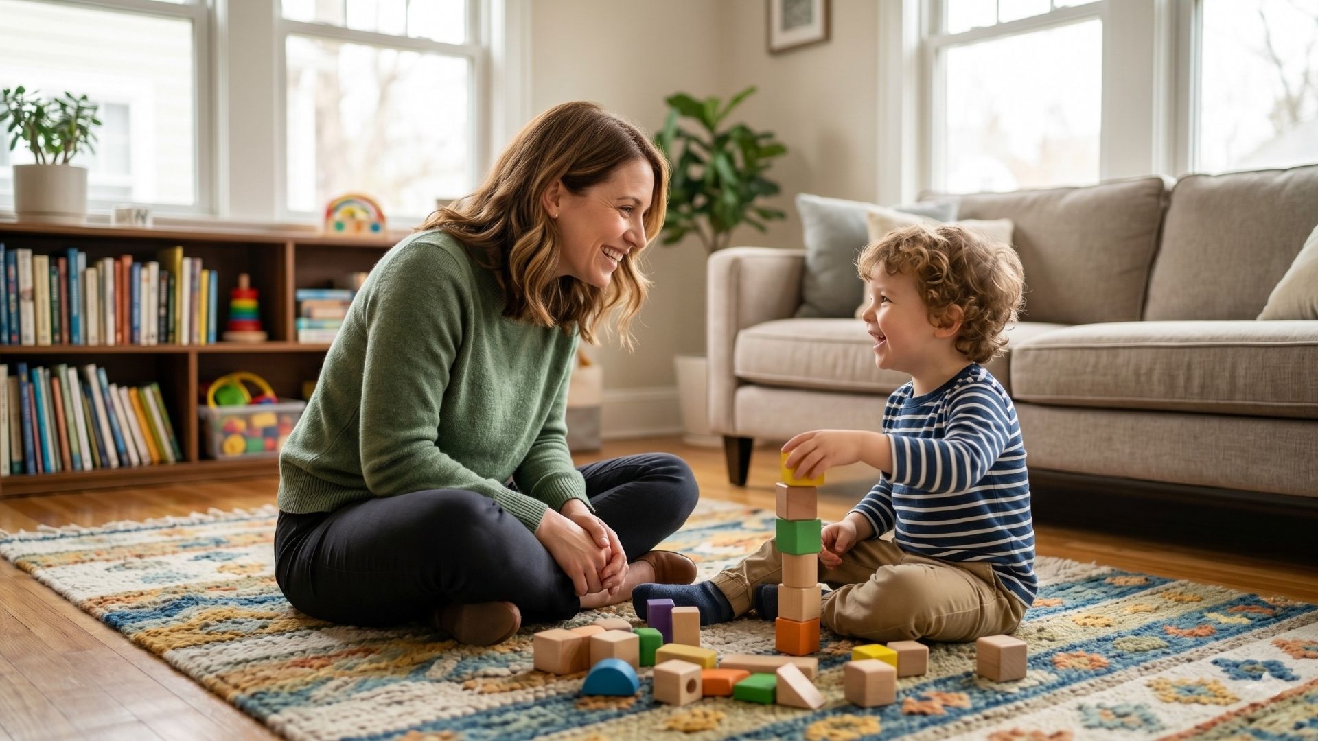 A pediatric developmental specialist engaging in a play-based therapy session with a child in a Maryland home.