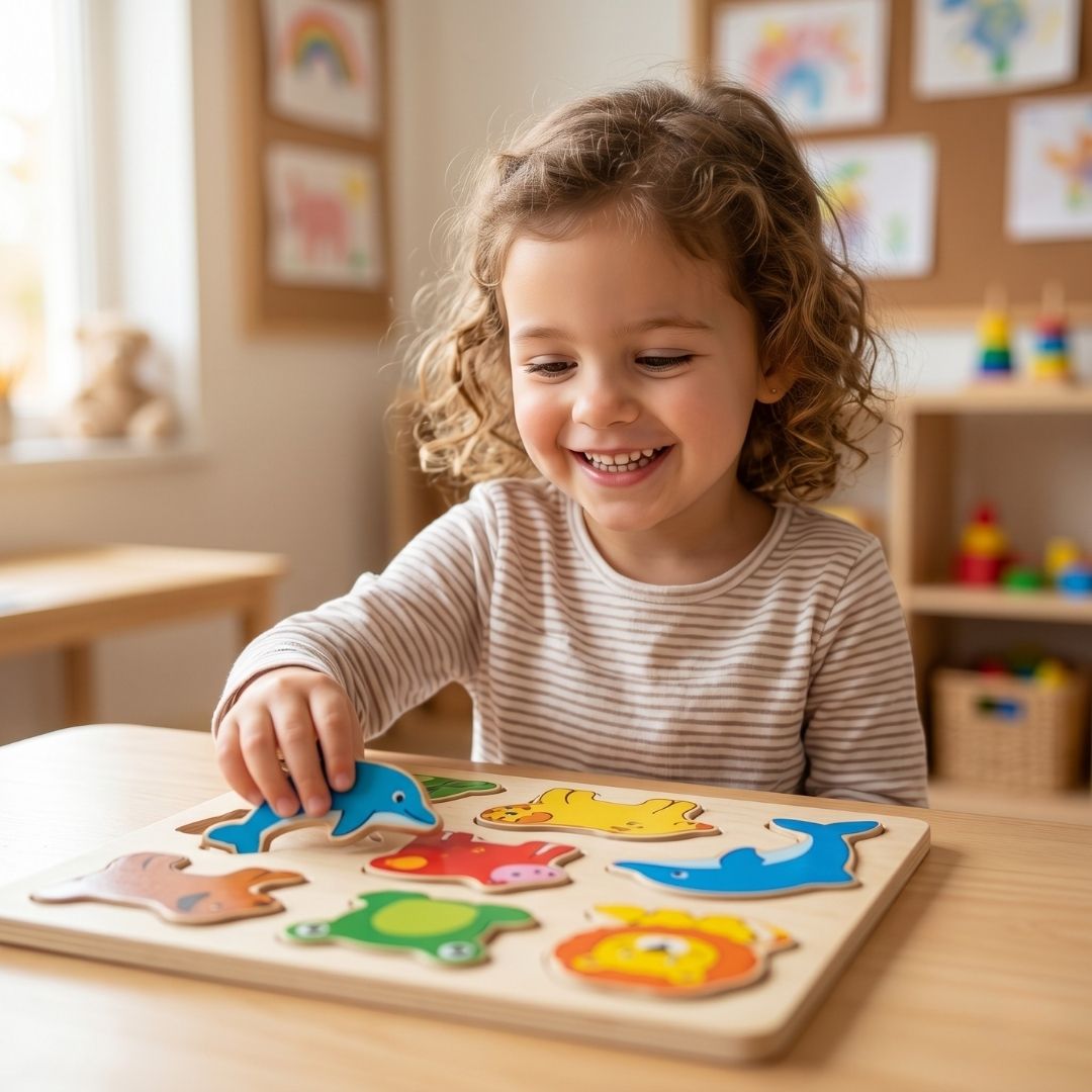 A happy young child smiling while playing with a colorful wooden puzzle.