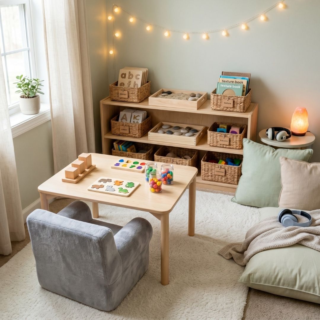 An organized, sensory-friendly therapy room with soft mats and educational blocks.