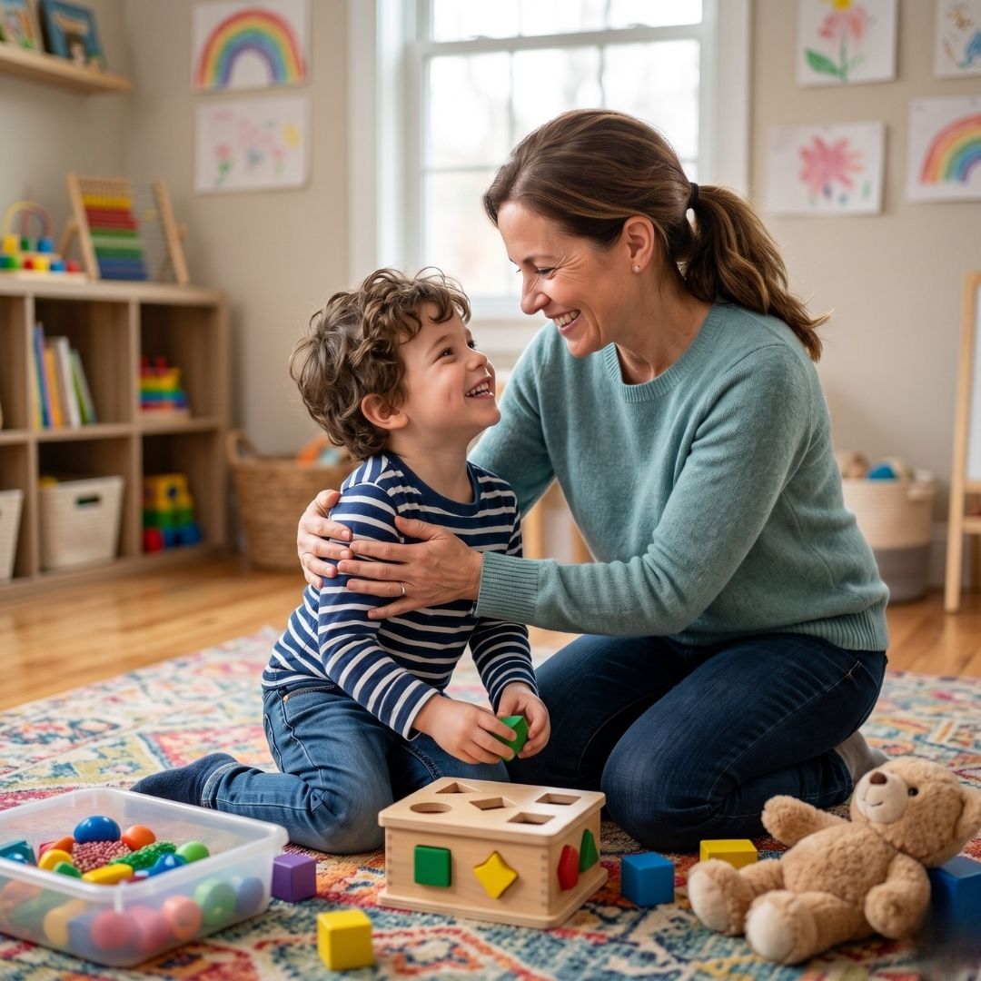 A parent and child laughing together during a shared reading and learning activity.
