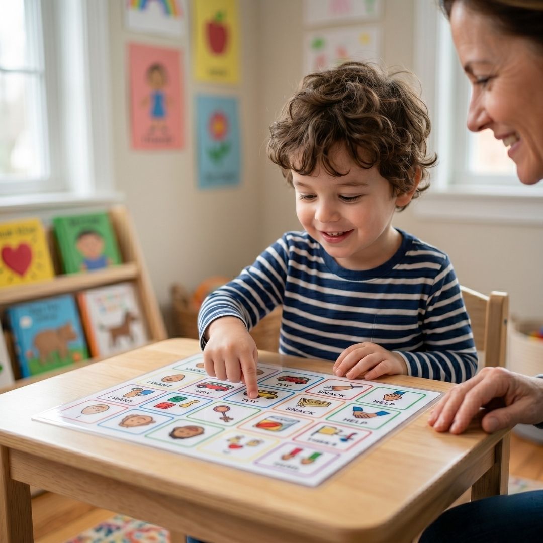 A child's hand pointing to a communication icon on a colorful learning board
