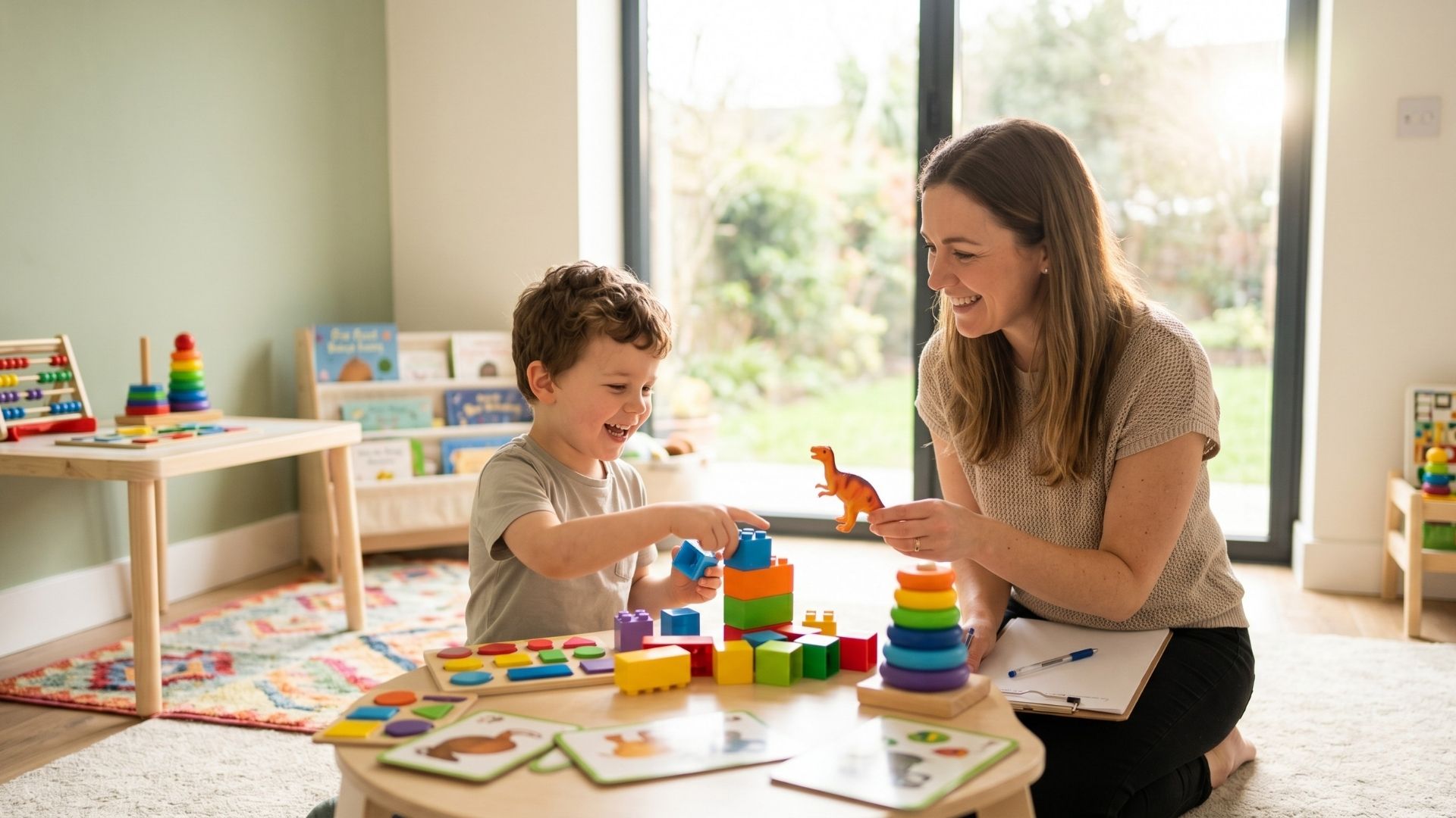 A therapist and child playing with toys in a bright, modern developmental center.