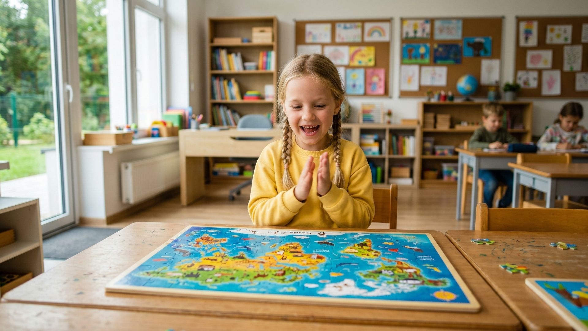 Happy child smiling at a finished colorful puzzle in a bright, modern learning environment.