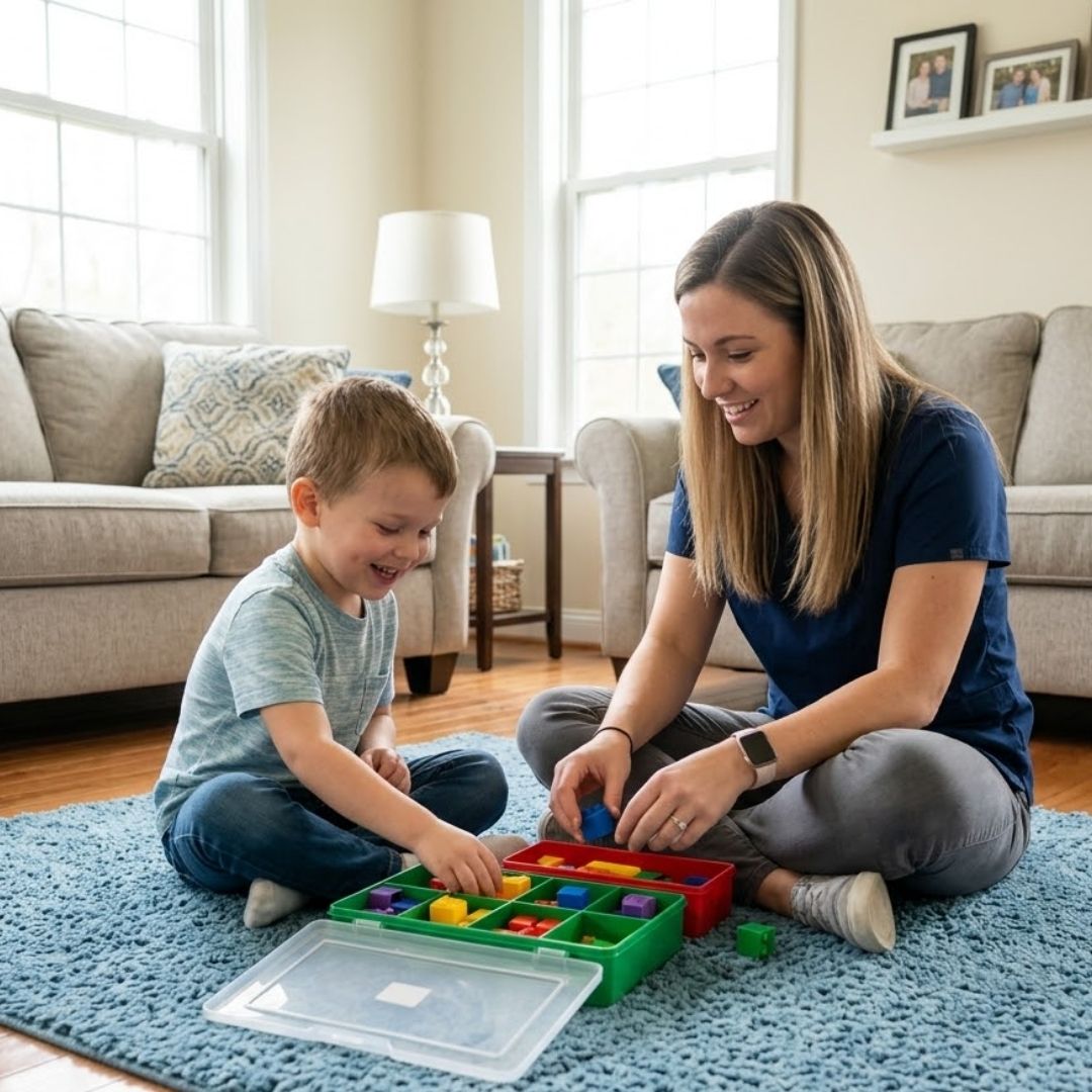 in-home therapy session with child playing with blocks
