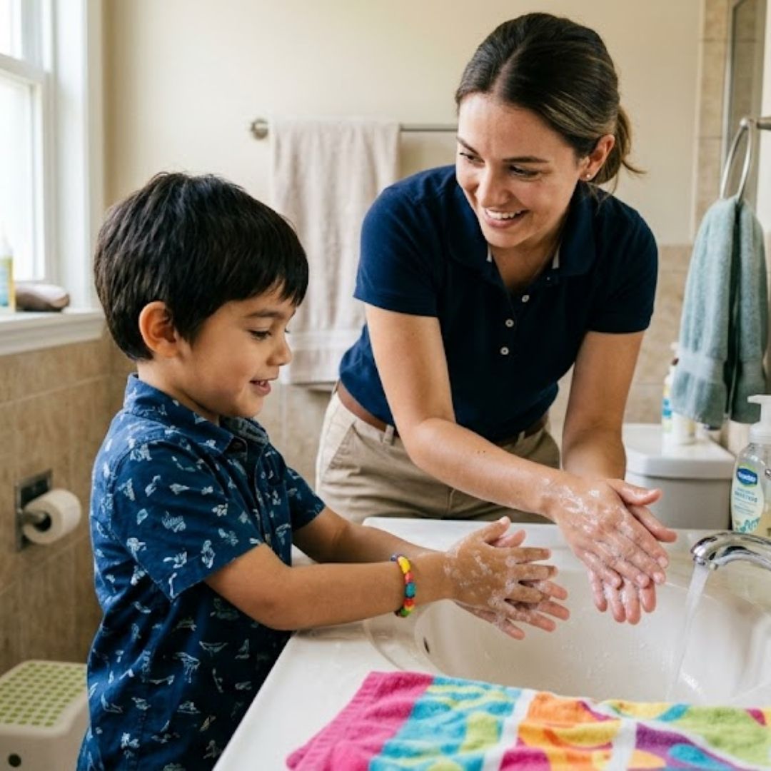 helping child wash his hands