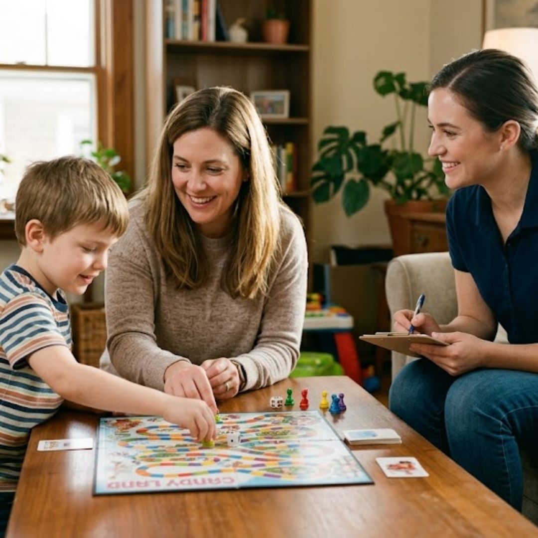 therapist watching family dynamics during board game