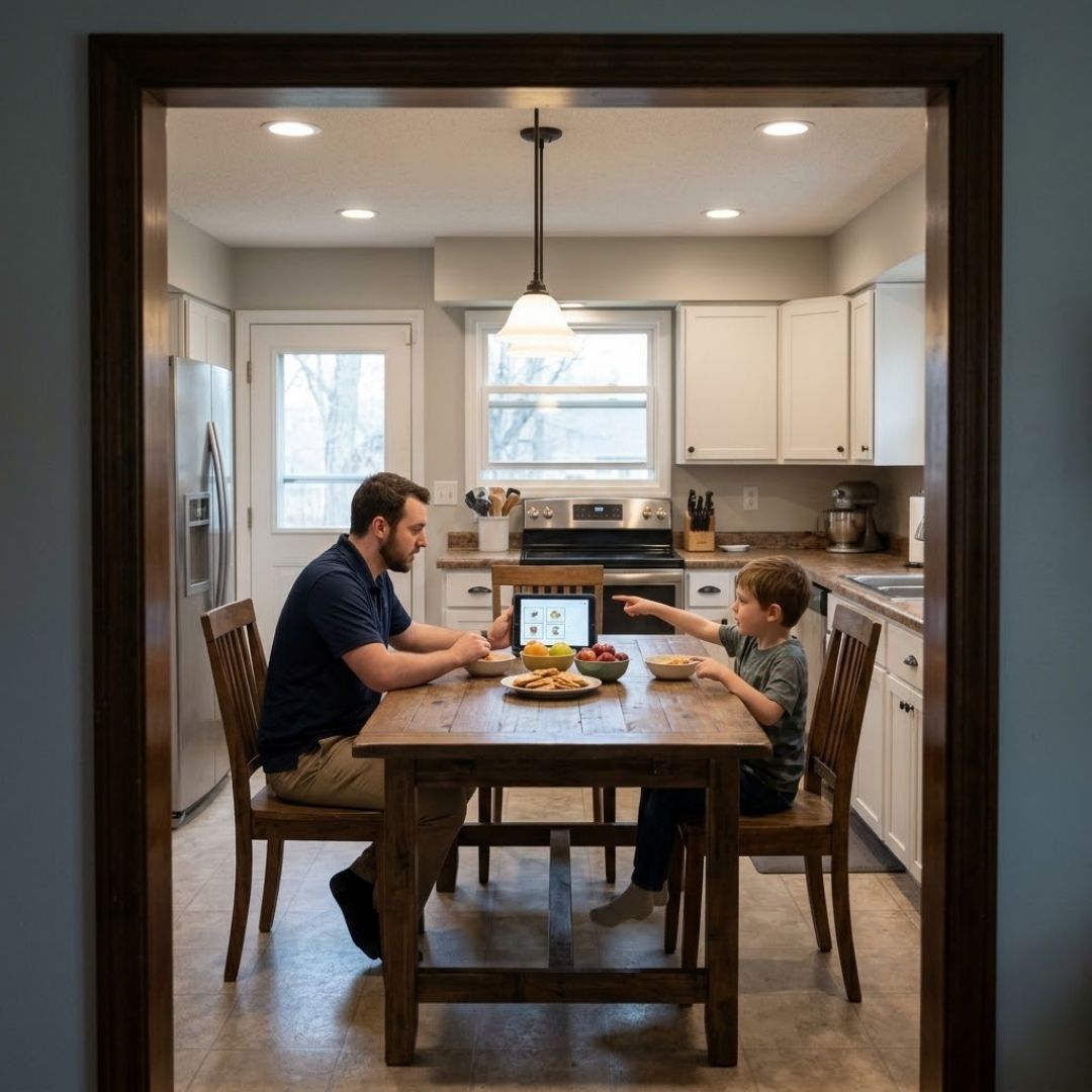 son and father sitting at dining table