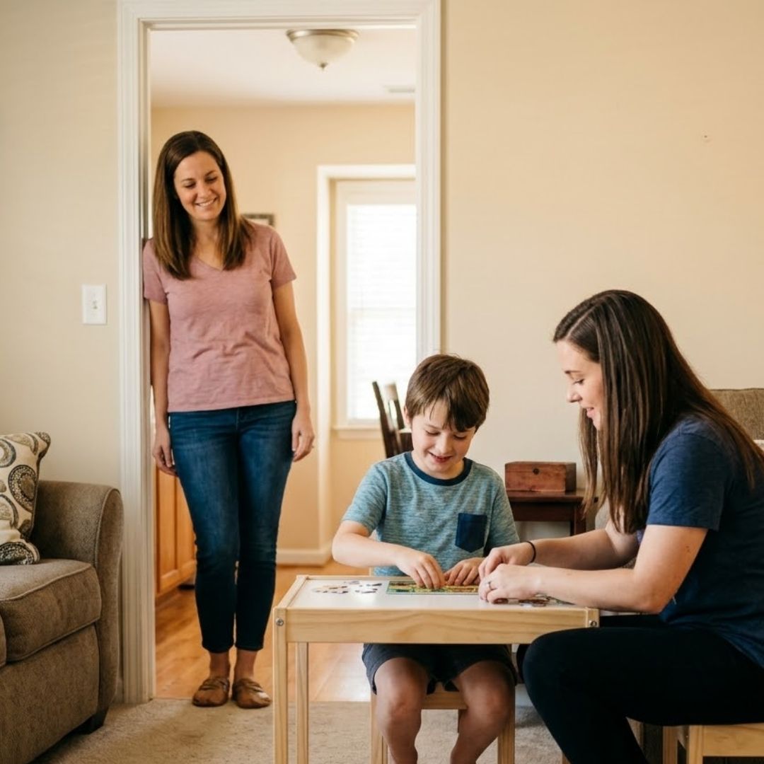 mom watching child during in-home therapy session