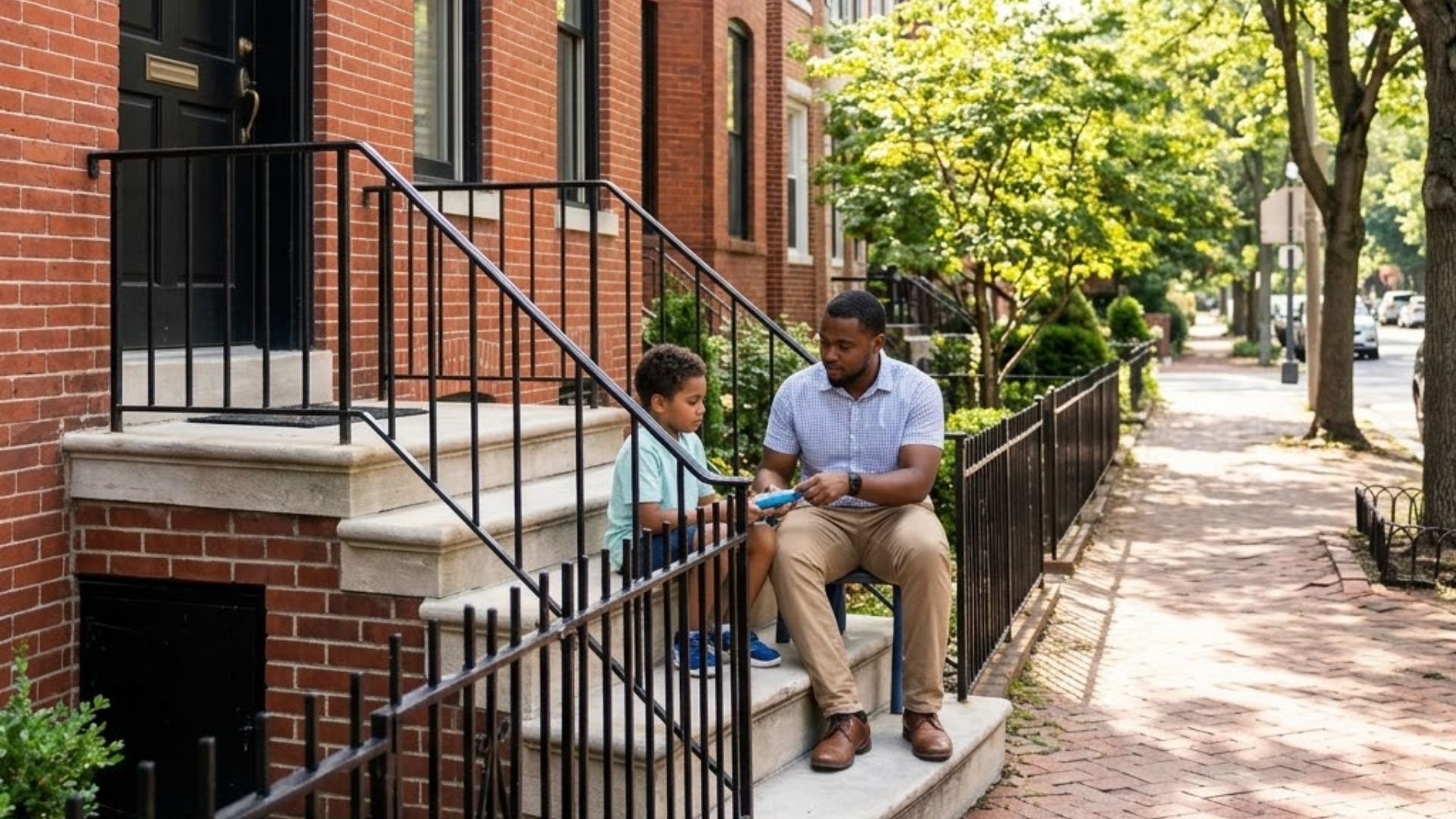 father sitting outside on stoop with son