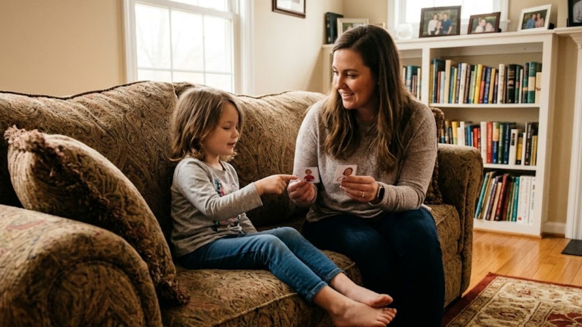 therapist sitting on couch with child