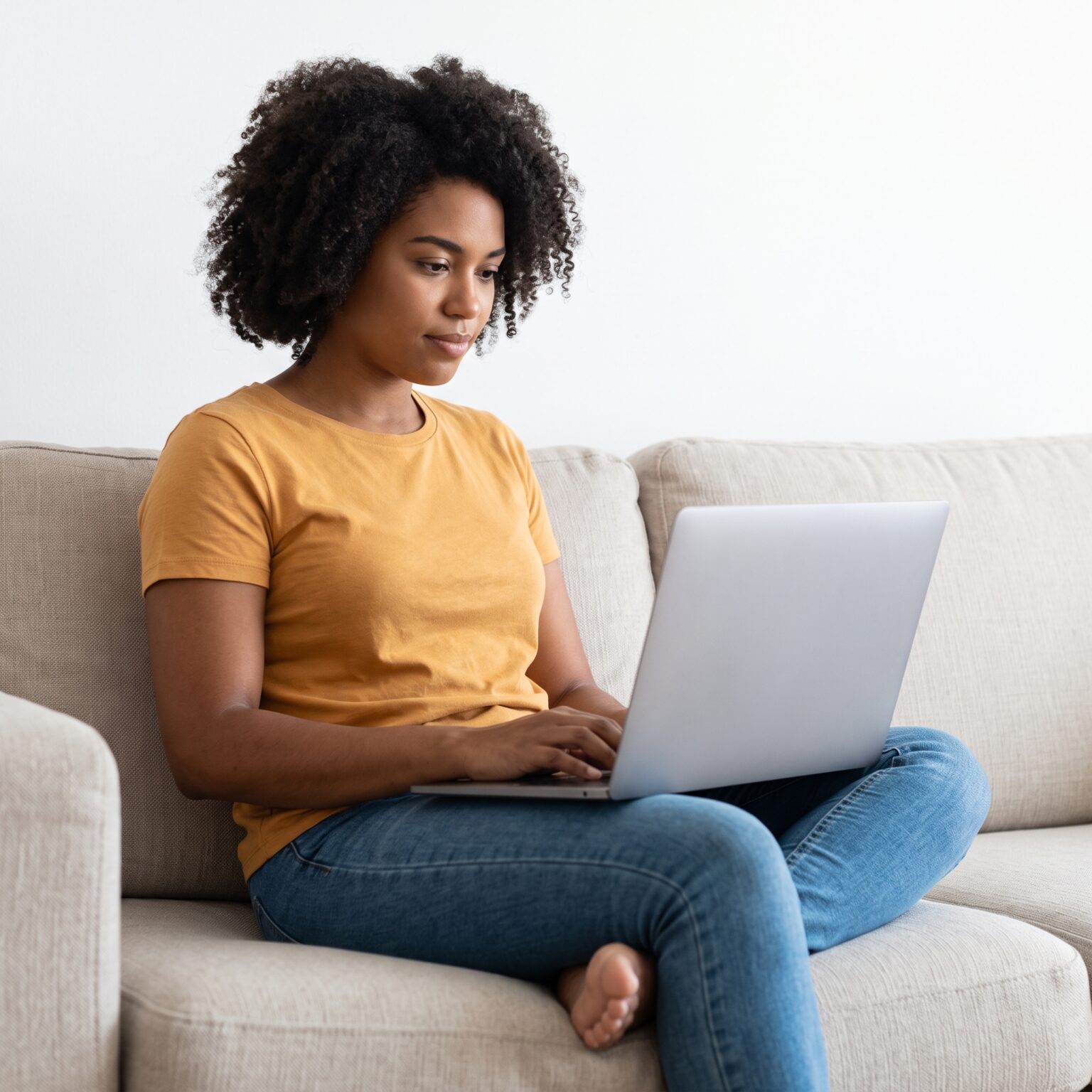 A diverse person sits on a sofa using a laptop to search an online directory.