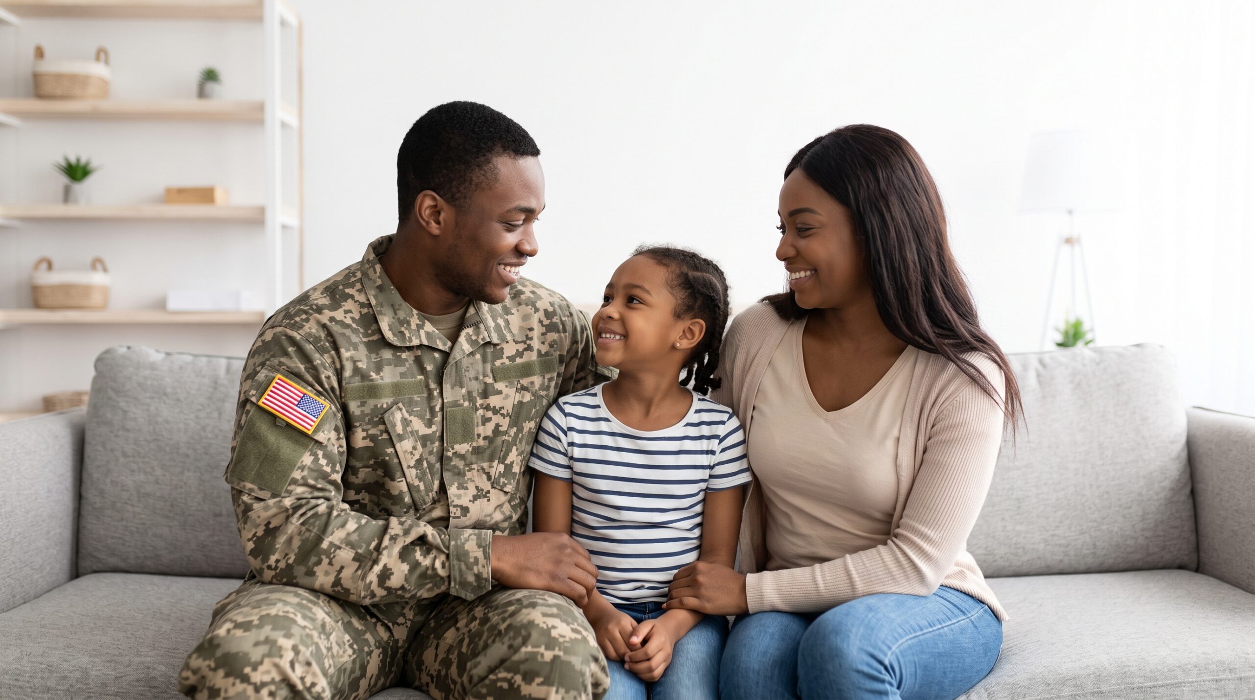 A military family smiles together in a bright, clean living room.