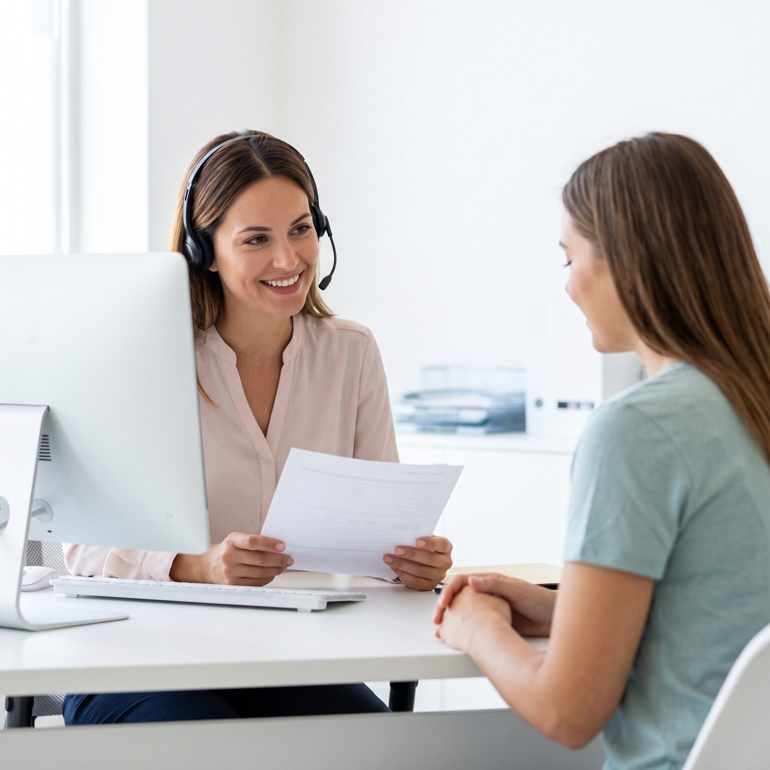 An administrative professional smilingly reviews insurance documents with a client in an office.