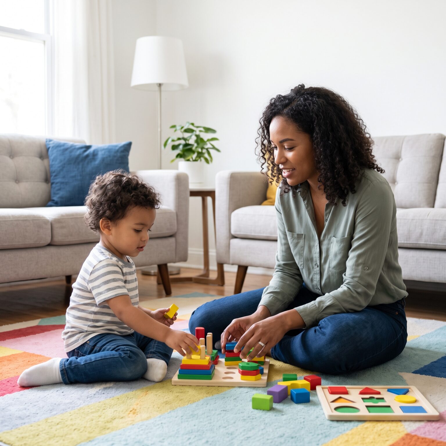 A caring therapist plays with a young child on a living room rug.