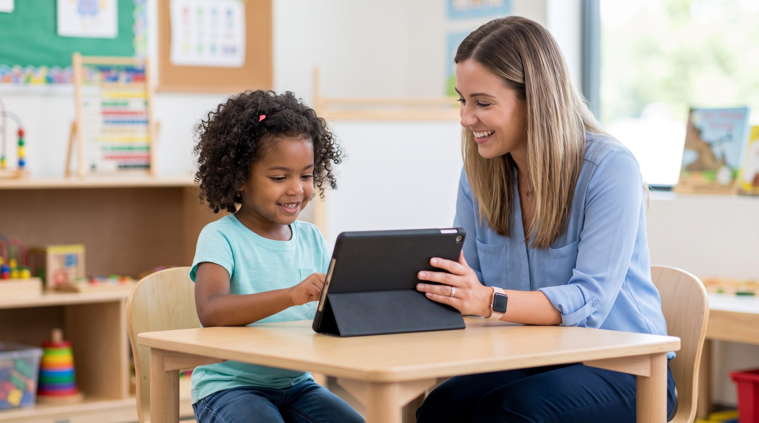 A young, diverse child and a female therapist smiling as they work with a speech-generating tablet at a small table in a bright classroom.