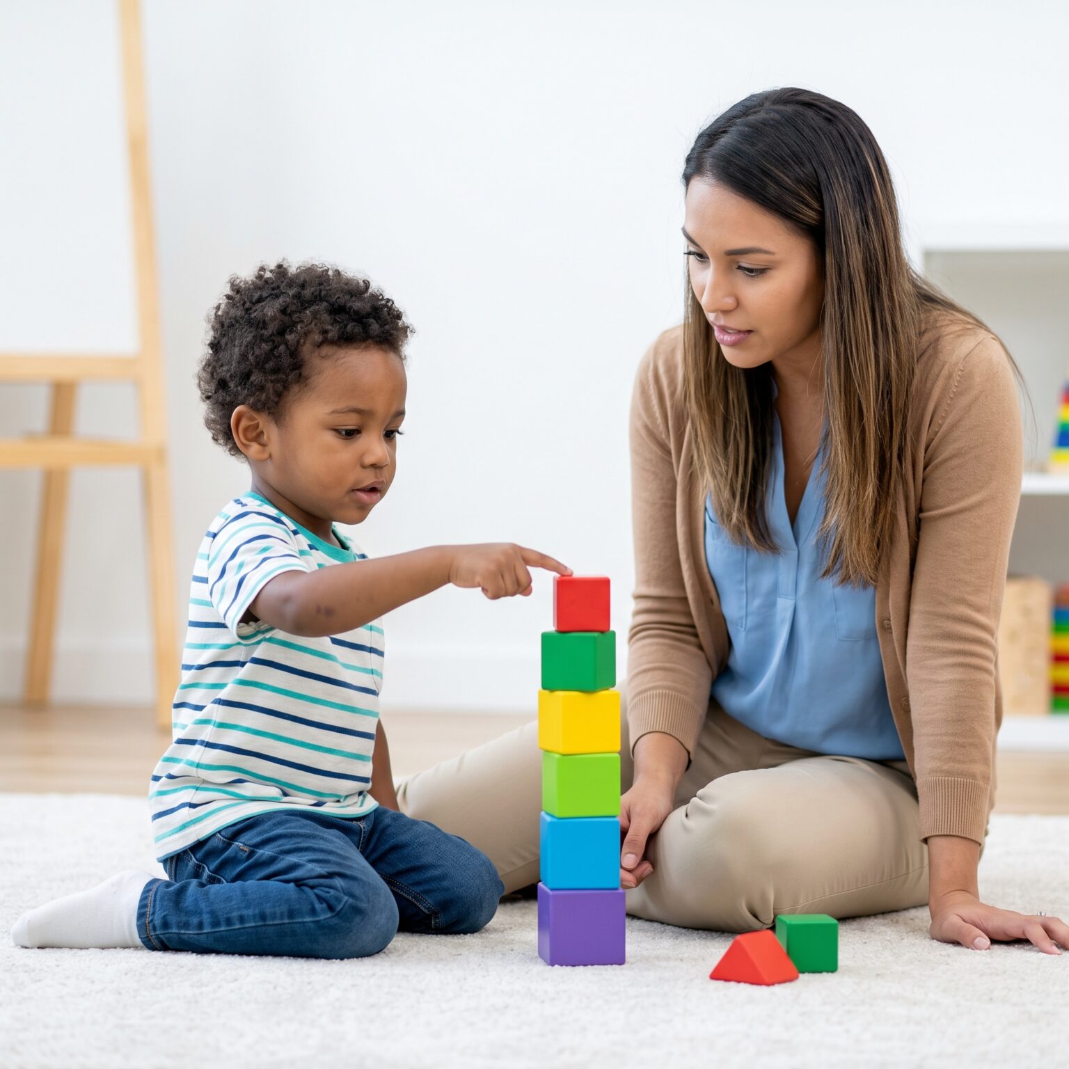 A young child uses a deliberate pointing gesture during a play session.