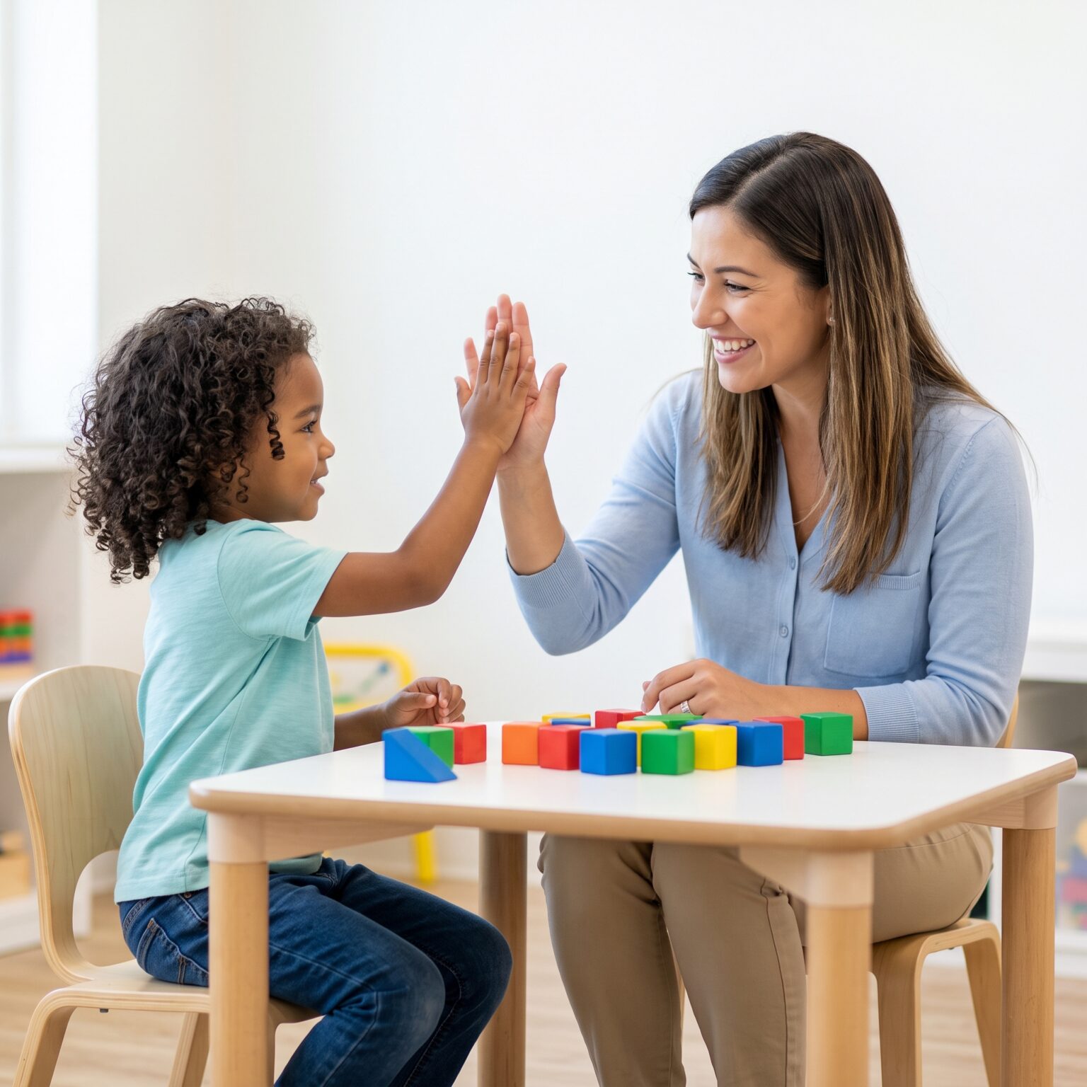 A therapist provides positive reinforcement to a child during a learning session.