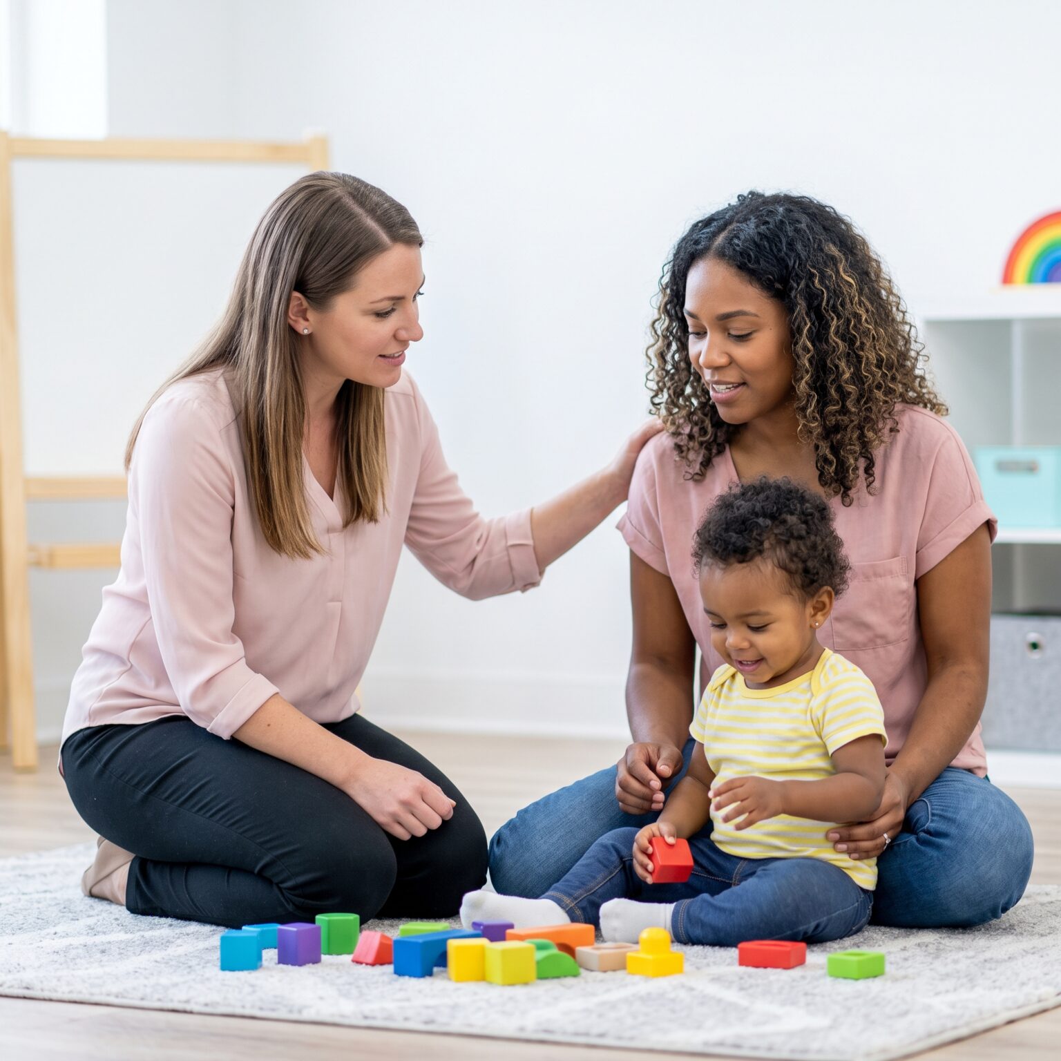 A therapist provides communication coaching to a parent in a classroom.