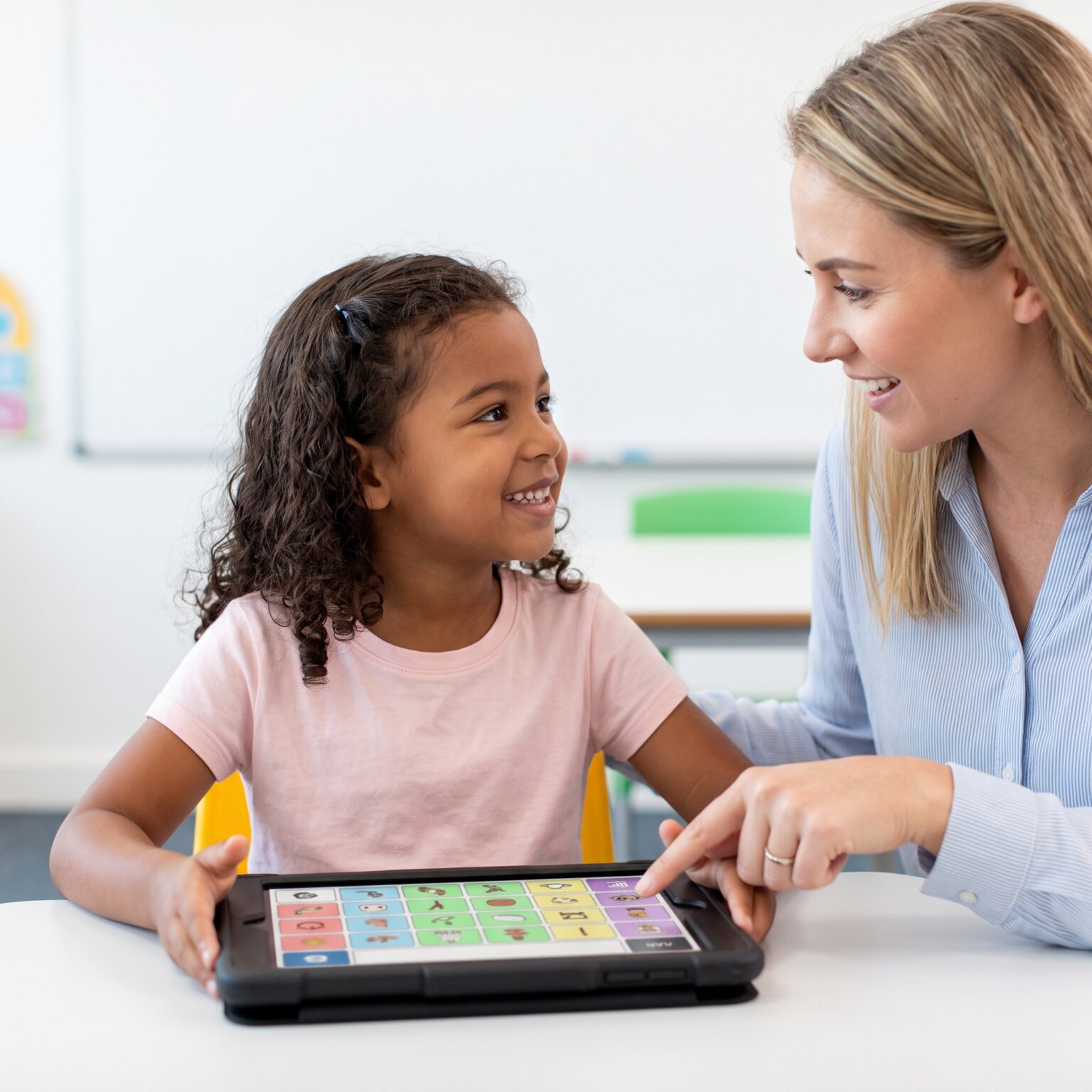 A young child with a therapist successfully uses an AAC tablet for communication.