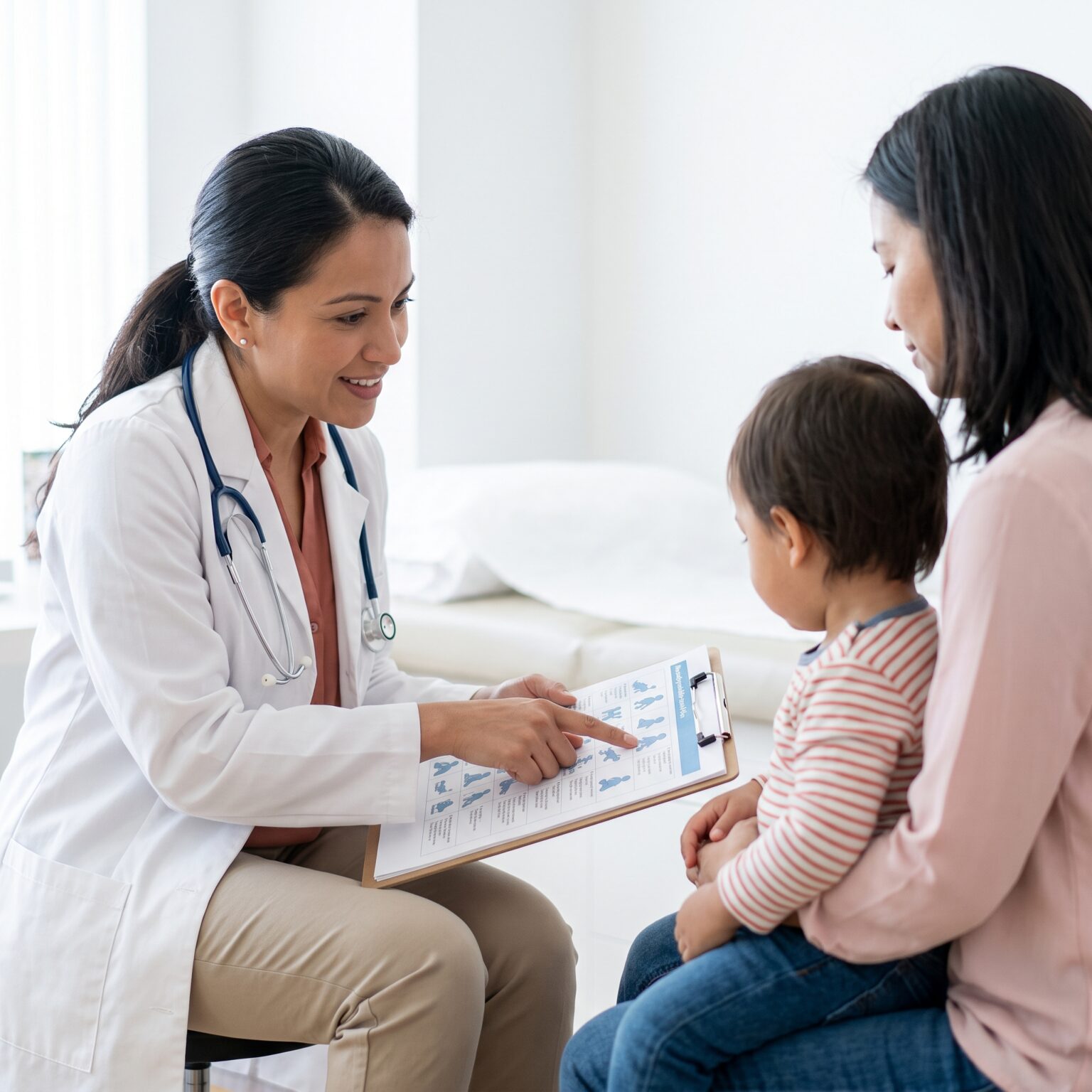 A pediatrician discusses milestone observations with a parent during a child visit.