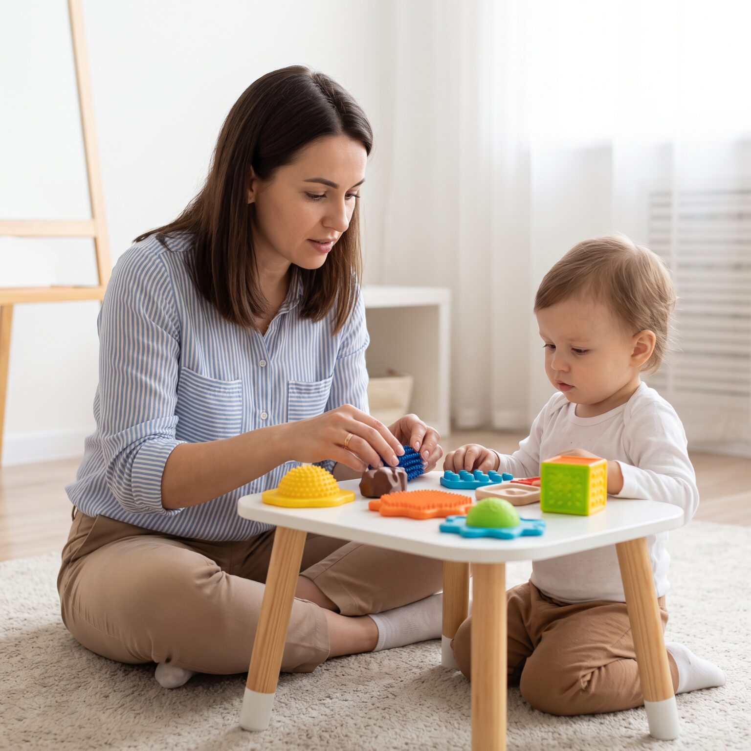 A clinician engaging a child in a structured, play-based assessment.