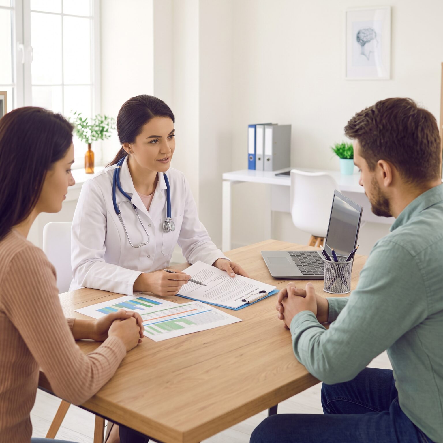 A clinical specialist walking through a detailed assessment report with attentive parents.