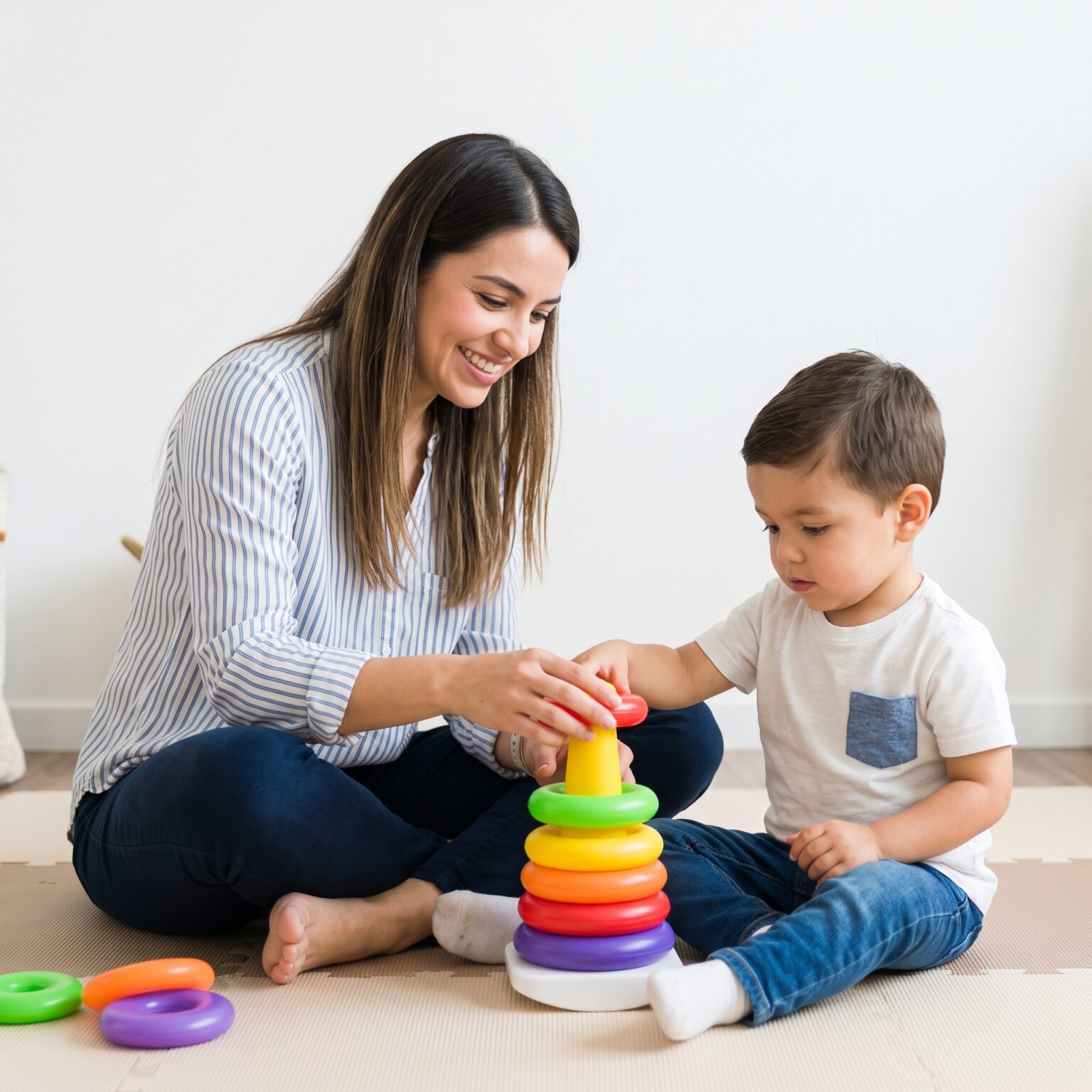 A therapist utilizing play-based strategies to help a child develop early functional skills.