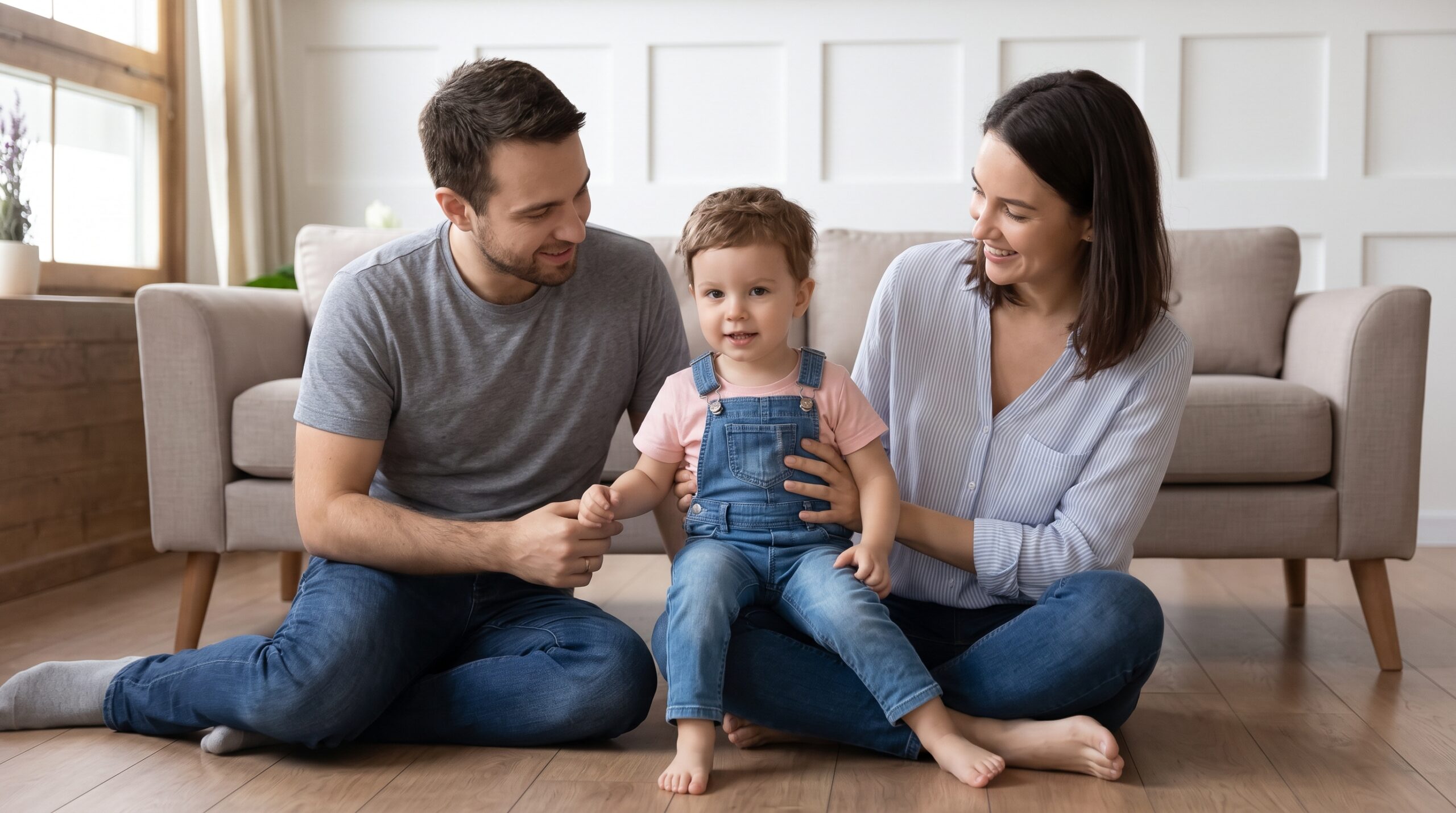 A smiling mother and father with their young boy