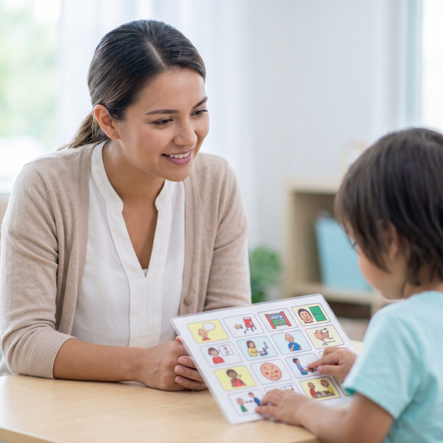 A therapist smiling while helping a child use a communication tool.