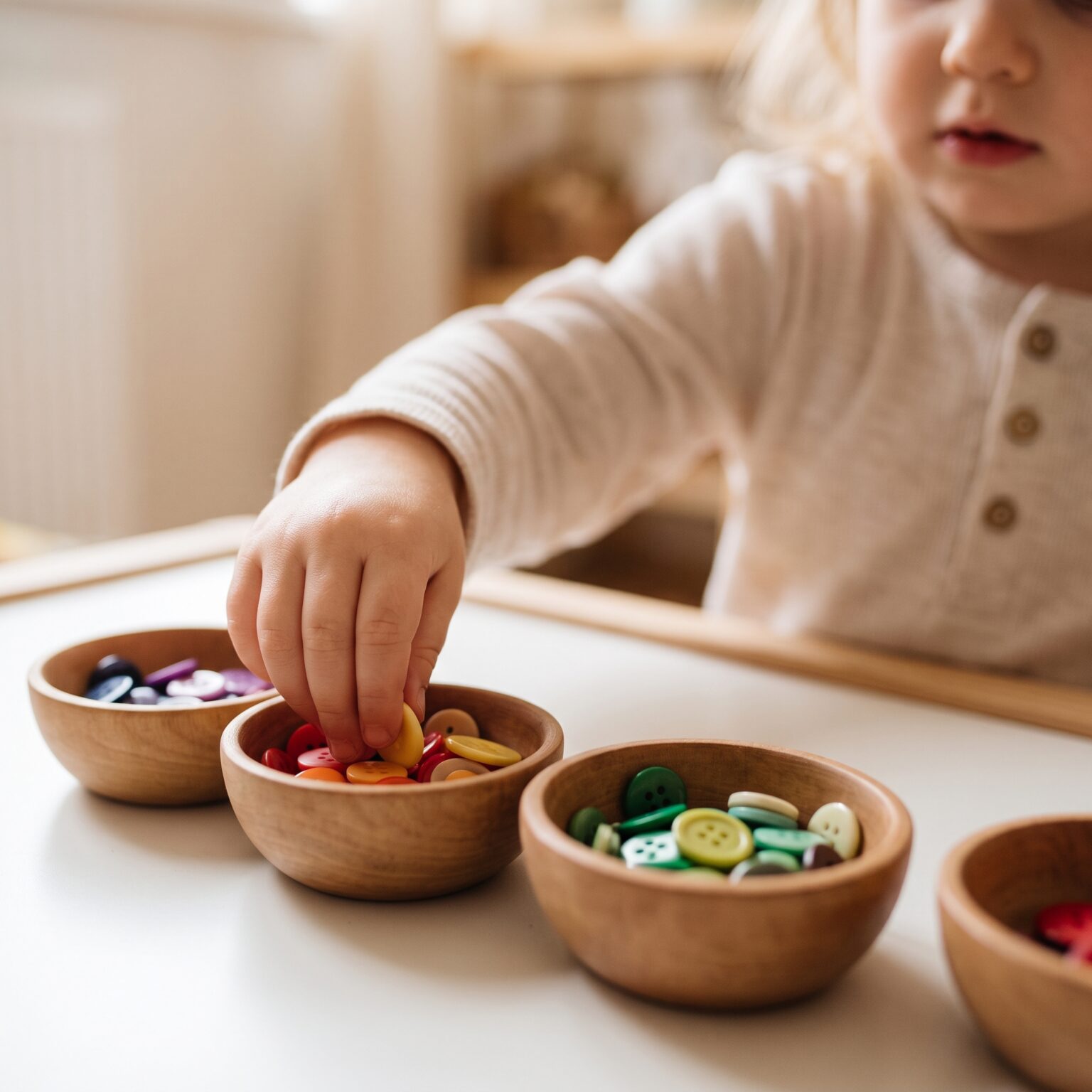 A young child’s hand gently sorts colorful buttons by color into small wooden bowls on a table.